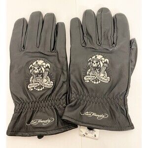NWOT Men's Ed Hardy Biker Gloves L Large 100% Leather Black White Embroidered